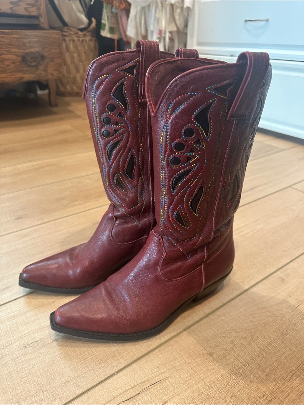 Free People Burgundy Leather Western Ankle Boots